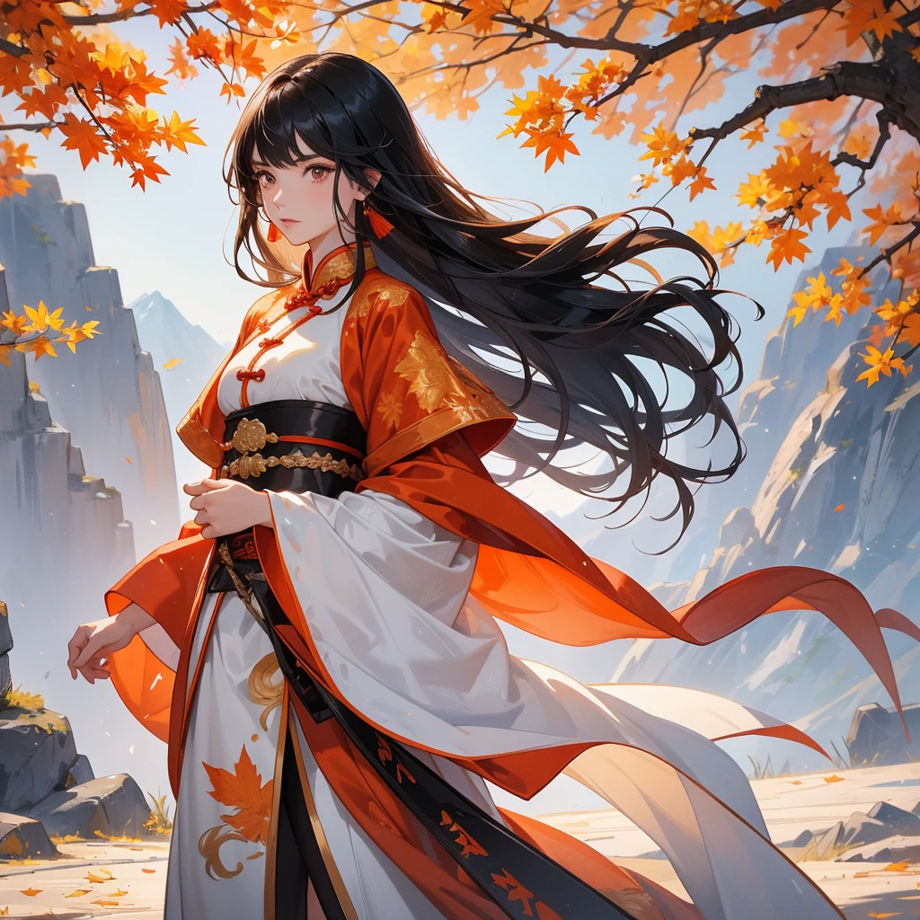 a beautiful woman black-haired male general holding a large sword in white ancient Chinese general costume, walking In the middle of a spring mountain ,the backdrop is a mountain that turns orange-red in spring, and maple leaves fall from the trees. close up.