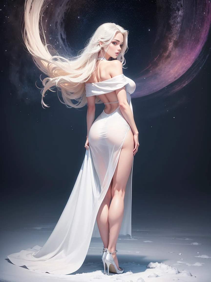 ((Looking back)), (((full body))), ((Realistic)), ((From behind, From below)), ((off-the-shoulder clothe)) An ultra hot gorgeous European woman, age 23, blonde hair. she's a playmate, men magazine model. She has a subtle smile and flirts with the camera, slim body. (Leaning forward:1.2) on an outside wooden table,(slender leg), (cold light, the night) (White loose wool dress:1.2), in a snowy landscape, starry night, winter scene, northern lights. (correct hand), (best quality,masterpiece). Perfect small butts, Perfect anatomy, perfect hair, perfect breast, perfect body, perfect hands, perfect face, UHD, retina, masterpiece, accurate, anatomically correct, textured skin, super detail, high details, high quality, award winning, best quality, highres, 16k, 8k