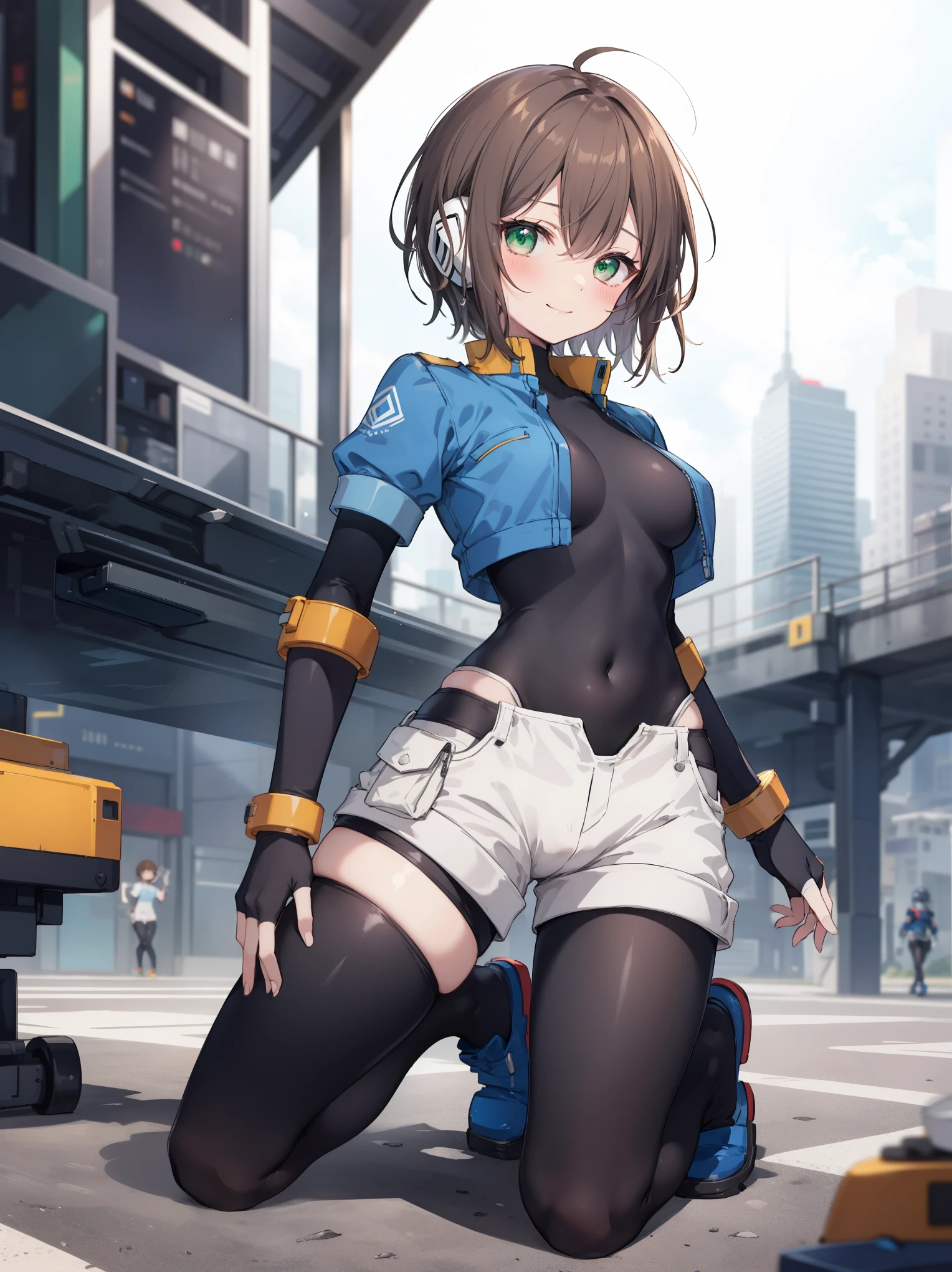 aile_megamanzx, kneeling with hand on the ground , 1girl, solo, short hair, brown hair, short sleeves, (bodysuit), robot ears, green eyes, short_shorts, short sleeves, short over long sleeves, smile, in futuristic city, , high quality, medium_breasts,crotch, slouch,(armpit:0.7),open_legs,