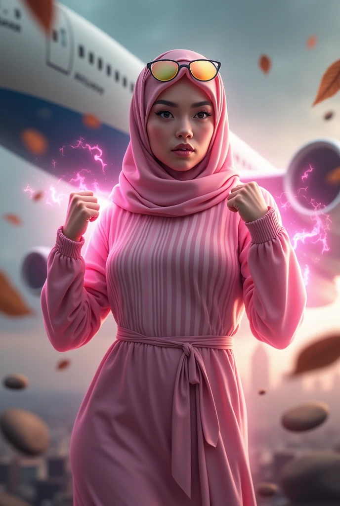 Malaysia women a realistic masterpiece. Human .wear pint watch. 40 year old body. Big ass. . 1girl wearing a hijab, detailed beautiful face, Hijab Muslim. Wear long sleeve moder design pink white pink stripe white. anger face, minimalist flower on shirt. Enger face. Open mouth. Glowing power pink. . Wear pink white.small Safety Pink yellow glasses google spectacle top of the head rubber band. Age . Flying position. Hang out pose.Fast fly. Panning effect Photography .((Sexy body side pose)) Jump on and have a super strong power.. punch flying beside big aeroplane , side body shoot. Big busty breast. . Fight pose. Bokeh background. fist front.. At the city. Bad waether. , detailed lips, long eyelashes. Hero, modest expression, delicate facial features, natural skin tones, , detailed folds and textures of hijab, natural lighting, high quality, photorealistic, 8k, best quality. Malaysia girl. Floating small stone and dry leave. ). Running effect.