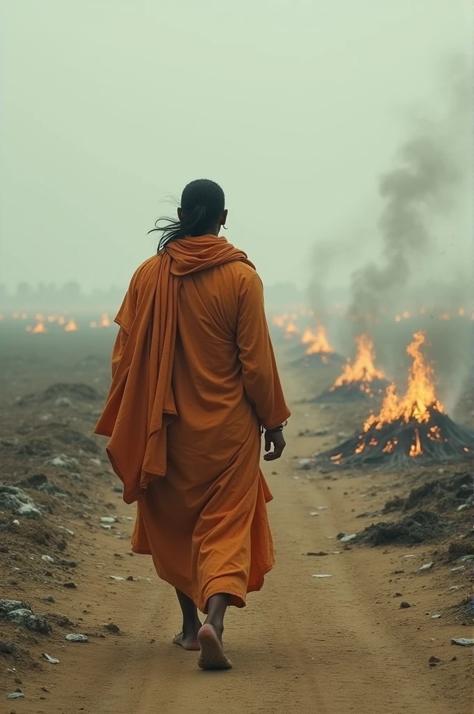एक सूनसान शमसान, दूर से एक योगी की आकृति जो शमसान की ओर बढ़ रही है।