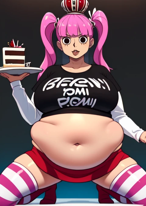 (masterpiece, best quality), 1girls, big belly, blurry background, huge belly, art by kipteitei, round belly, chubby, curvy, pink pony tails, red mini skirt, black and white striped thighhighs, simple_background, gradient_background, belly bursting out of white long sleeved reglan tee shirt ,(((black and white long sleeve tee shirt))), wearing a black and red crown , enormous belly, fat belly, thicc, bigger belly, really big belly, jiggly belly, giant huge belly, big enormous belly, ((((gigantic belly)))), bloated belly, fat belly, ginormous big belly, expanding big belly, sfw, safe for work, kneeling on bed, sfw (safe for work), perona , (((a person out of frame is feeding her cake, cake is being shoveled into her mouth, her lips are closed around a slice of cake, a platter of cake, she has her mouth open wide f))), sweating, blushing, (mouth open wide, she is saying aaah), ((her belly is being grabbed and played with by floating hands)), she is wearing red tall laced up boots