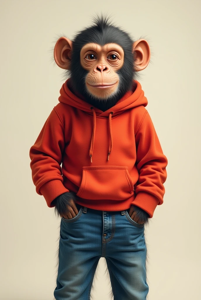 Monkey wearing a red long-sleeved sweater and jeans