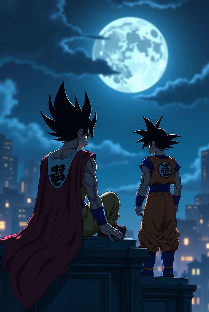 Beautiful young prince Vegeta, turning his back so that only his wrinkled crimson cape and his jet black hair in the shape of a flame can be seen, sitting on the roof of the palace, Goku sitting next to him, A warrior in his Saiyan battle suit and his messy palm-like hair, Goku is a little taller than Prince Vegeta, They both look ahead, It was night, soft lunar lighting, background images, You could see buildings and houses on the planet in the distance., intricate details, cold colors.