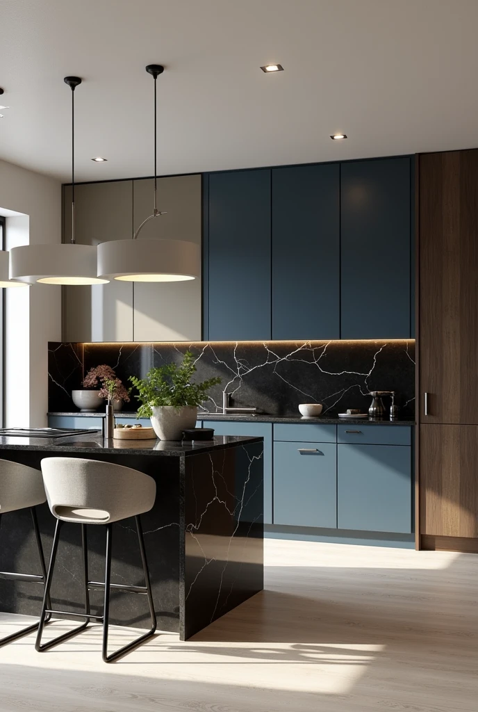 Professional 3d architecture rendering design of modern kitchen with So dark blue vintage and dark beige and dark gray cabinets and modern so light gray design chairs shiny black marble island island and modern windows and complete showing kitchen and showing complete kitchen and modern windows and showing complete kitchen