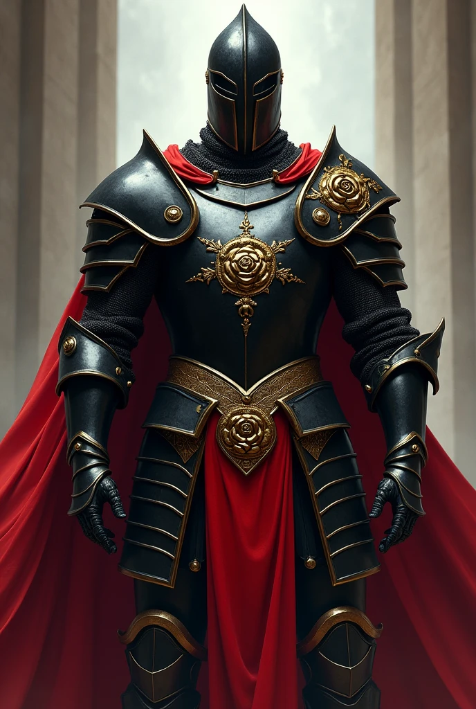 Make me a knight without a helmet with black armor, decorated with gold and having a red fabric . With an emblem of 3 chained roses on the back