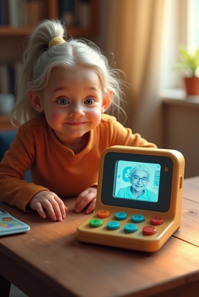 A machine for a daughter who worries about her grandfather。It has large, colorful buttons that make it easy to get in touch with them.。The shape is a compact square shape.。There is a screen so you can see your grandpa&#39;s face.。