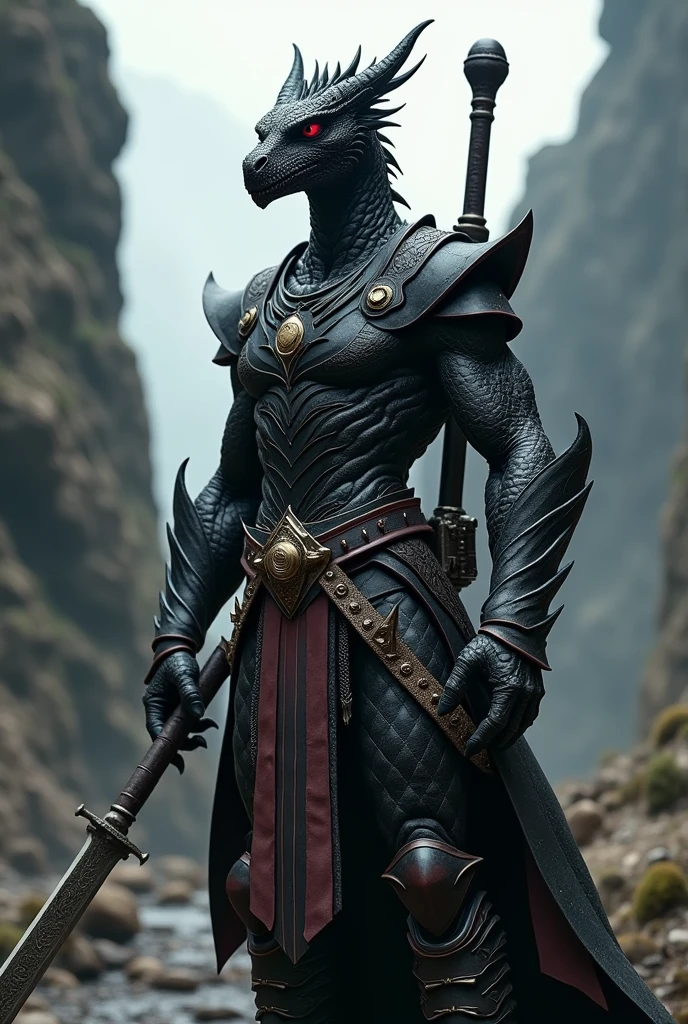 Black dragonborn with red eyes in leather armor and a sword and lute.