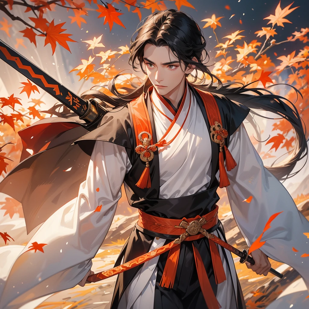 a Handsome black-haired male general holding a large sword in white ancient Chinese general costume, walking In the middle of a spring mountain ,the backdrop is a mountain that turns orange-red in spring, and maple leaves fall from the trees. close up.