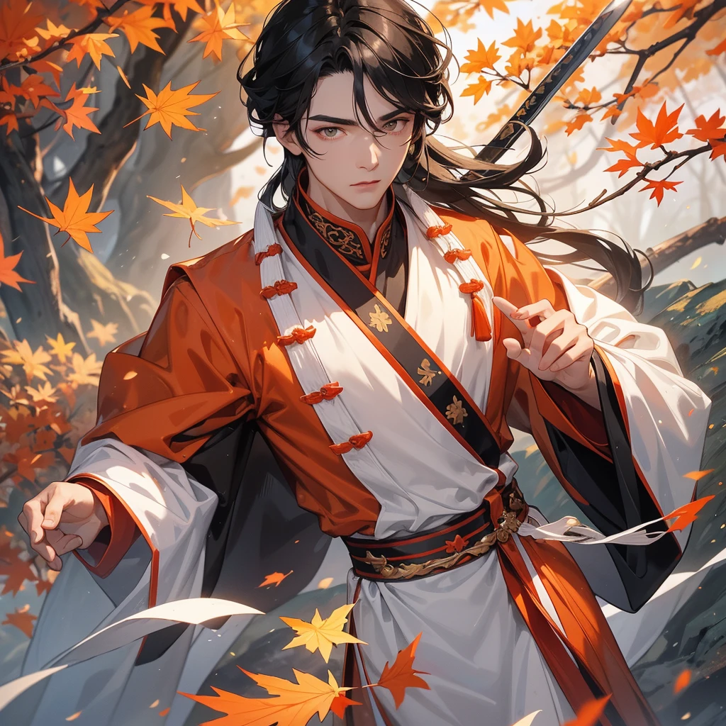 a Handsome black-haired male general holding a large sword in white ancient Chinese general costume, walking In the middle of a spring mountain ,the backdrop is a mountain that turns orange-red in spring, and maple leaves fall from the trees. close up.