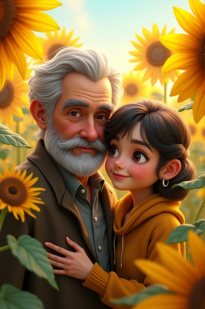 Believe me couple older man black hair black beard white skin light brunette girl black hair with bangs Disney pixal sunflowers background 