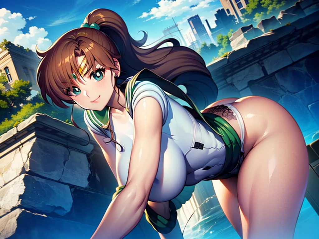 Highest quality, High resolution,((Sailor Jupiter)), One Girl, single, alone, Beauty, bangs, Brown Hair,Long ponytail)), ((Green Eyes, Beautiful eyelashes, )), (( Super anime CG style)), Big Breasts, Dynamic Angle, Perfect body, ((とても恥ずかしいパニックsmile、Look back and see this,Sticking out her butt,(I can see the whole butt)、(White lace sheer panties)、tall、No sleeve,The ruins in the background are very beautiful,Big eyes,(High definition and very beautiful eyes).smile,Deep green ultra-mini skirt,Looking up at the butt,Jupiter is visible,
