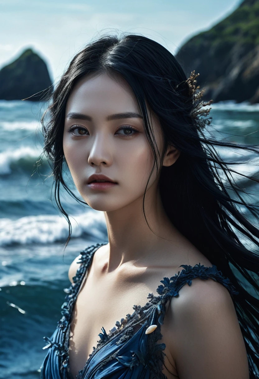 (1 character), genius extremely beautiful idol lady Keiko, (long blue and black hair), brown eyes, beautiful face), 1 genius extremely beautiful idol girl Keiko, long sideburns, plants, long blue dress, 3d, dark ocean, water, blue Ball, sea shells, windy, intricate details High Quality, 8k, Realistic, Ultra-Detailed, Dramatic Lighting, Soft Focus, Digital Illustration, Intense Expression, Strong Gaze, Intense Emotion, Complex Mechanics, Advanced Technology, Dark Background, Cinematic, High Contrast, Moody, Strict, Atmosphere, (Best Quality, 4k, 8k, High Definition, Masterpiece: 1. 2 ), ultra-detailed, (realistic, graphic, photorealistic:1.37) --no glass