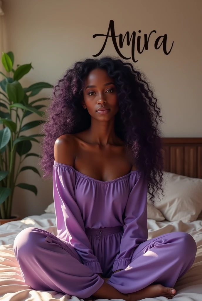 (photorealism:1.2), beautiful black woman, sitting on bed, wearing purple loose off-shoulder top, pajama pants, long curly purple hair, indoors, soft lighting, plants in background, window with sunlight, cozy room, relaxed pose, realistic, intricate details, warm colors, with the word AMIRA on the wall by Greg Rutkowski, by Alphonse Mucha