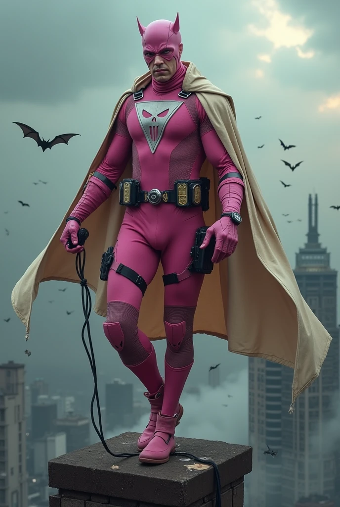 Malaysia man in high-tech suit, vivid effects, malaysian superhero (KELUANG MAN) in a striking pink and beige costume cyberpunk design, mask small mini bat ear beige, daredevil beige mask, jumpsuit dark pink stands confidently in a dramatic.jumping from high place.hero costume.one hand rise up. Big triangle logo on the chest((open cape, beige cape)).high detail Punisher logo on the chest. Fighting pose , stormy landscape. ((Head covered node guard like batman. Running pose , athletic body type, small mini ear bat mask))The character wears domino mask a helmet with pointed mini torn ears and a flowing cape biege, open nose and mouth. Equipped with visible futuristic weapons on a belt,bullet proof jacket pink dark day.show fingers pose, dark night, big supermoon effect . Small logo on chest triangle shape small punisher logo center(( skull triangle Casey Jones mask shape logo)) center on chest pink logo mini logo . rocky. Building top.smoke ground , hand fired with gun , bomb effect background, losse pants, losses costume.adding to --ar 3:4 --style raw --stylize 500 --v 6.1. chaos. Lot of small flying bat. One leg on the high stone. Man. Wear hologram watch.. Real man age 40 year old. One hand holding belt.one hand holding black rope hanging on building. Big pant pink. Beige cape joodie.(( Loose pant)) , jump on high building)marvel , X-Men((. Hand holding two gun.)