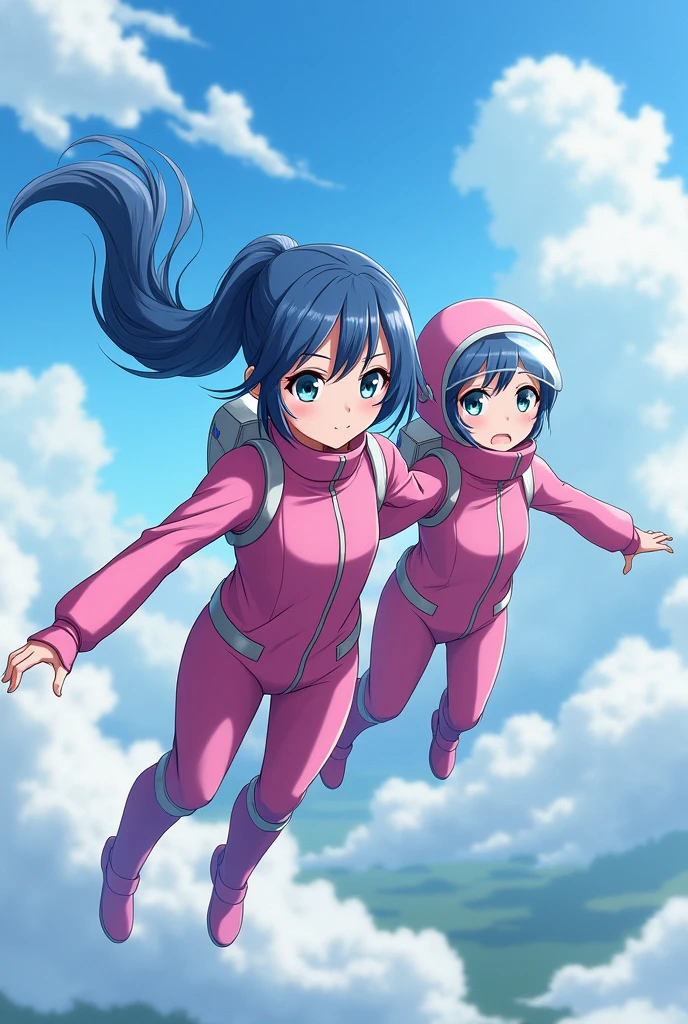 A 1 anime girl with blue hair and eyes in a long ponytail wearing a pink hero suit and flying in the air in the flying suit and wearing a mask over her eyes and holding the hand of a young man the same age and flying with him. They have masks over their eyes. 
