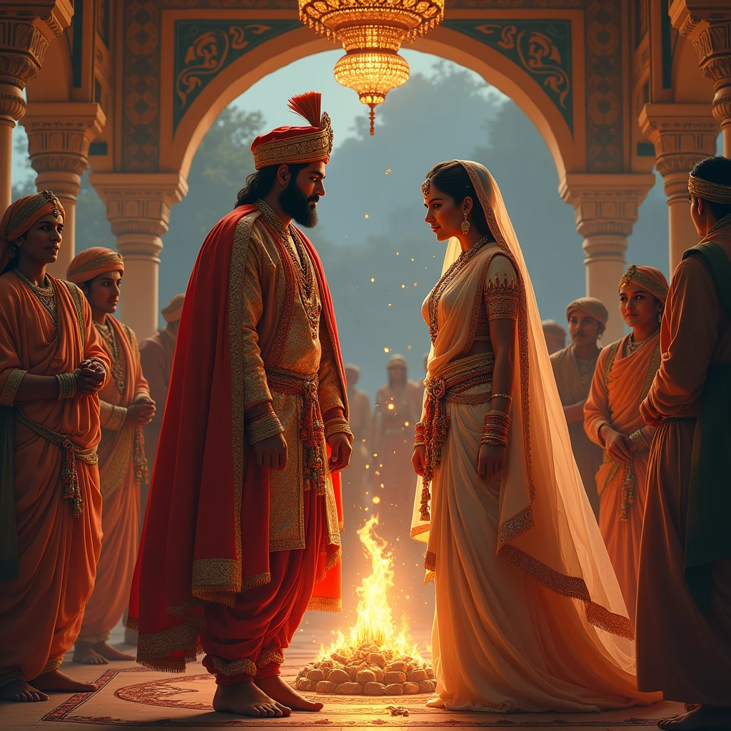 A rajput warrior and a female rajput warrior Both are getting married according to Hindu tradition after taking seven rounds of fire. Hindu tradition marriage