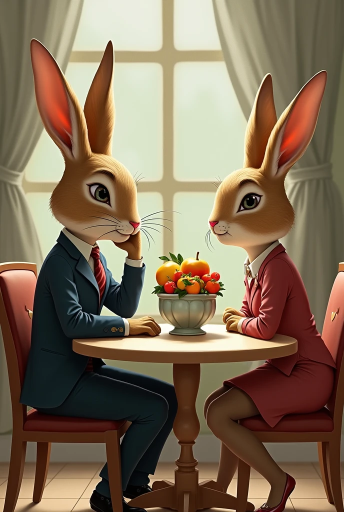 portray a funny bunny in a dress, sits on a chair at the table, propping up his muzzle with his paw , on the table a vase of fruit smiles and looks at the funny hare in a suit sitting opposite, who tells something