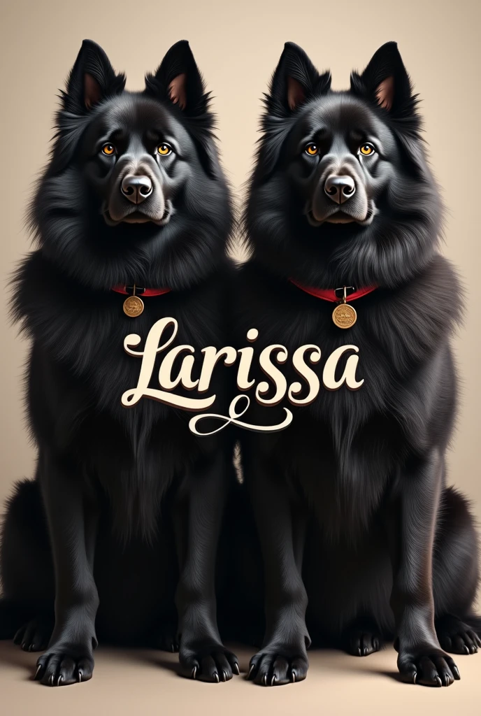 2 big black fluffy male dogs , one of them with the name Charlie on the collar , and the other with the name Francisco on the collar . In the middle of the two dogs the name Larissa in fancy letters 