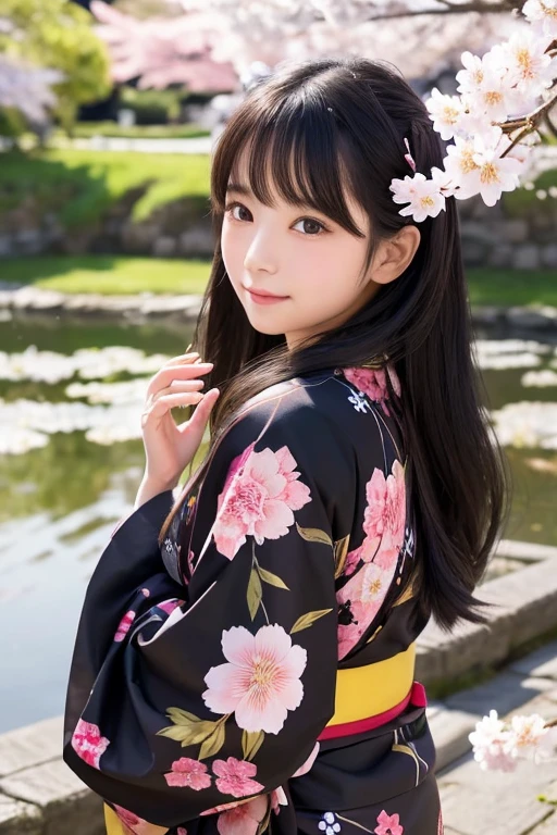 Drawing a beautiful AI girl in a beautiful Japanese kimono。She is dressed in traditional Japanese clothing.、Long black hair swaying in the wind。The background is a garden with cherry blossoms falling.、A quiet pond stretches out behind her。With an elegant and calm atmosphere、A soft light envelopes her。