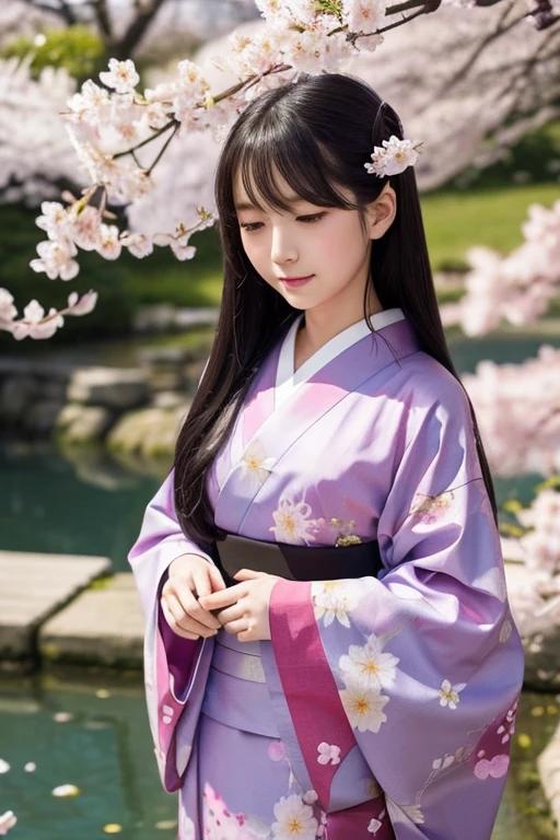 Drawing a beautiful AI girl in a beautiful Japanese kimono。She is dressed in traditional Japanese clothing.、Long black hair swaying in the wind。The background is a garden with cherry blossoms falling.、A quiet pond stretches out behind her。With an elegant and calm atmosphere、A soft light envelopes her。