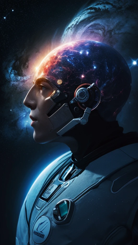 (best quality, masterpiece),Detailed,1boy,astronaut,complex portrait of a sci-fi Borg floating in outer space,nebula,galaxy,Looking forward,(cybernetic limb:0.7),