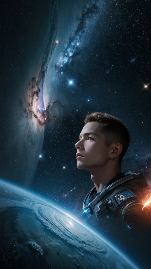 (best quality, masterpiece),Detailed,1boy,astronaut,complex portrait of a sci-fi Borg floating in outer space,nebula,galaxy,Looking forward,(cybernetic limb:0.7),