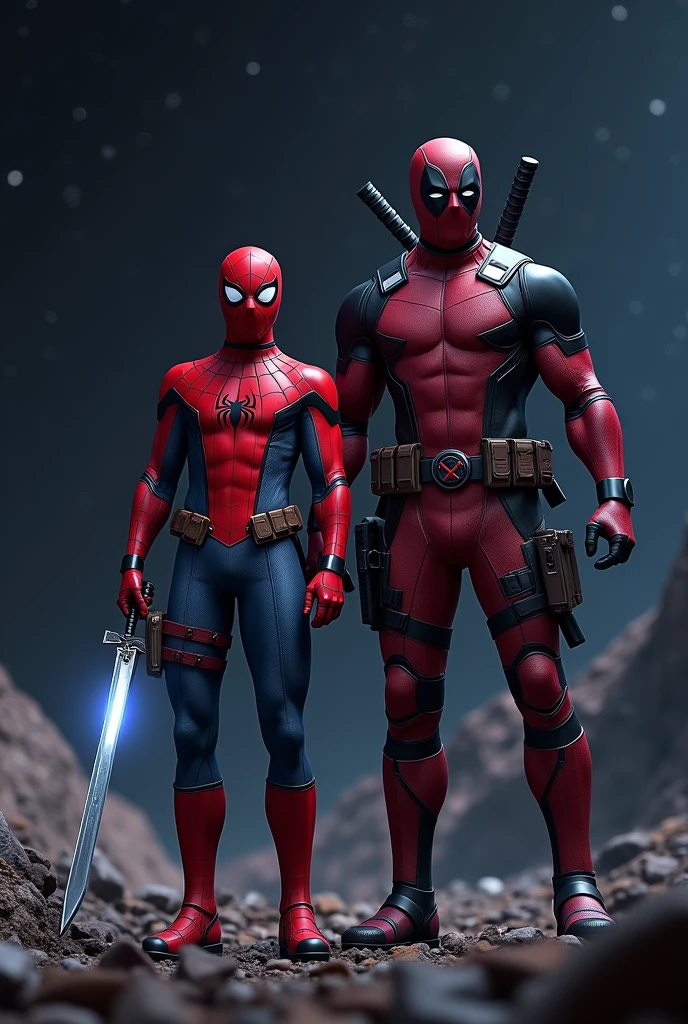 Spiderman standing besides deadpool holding a sword with space between them