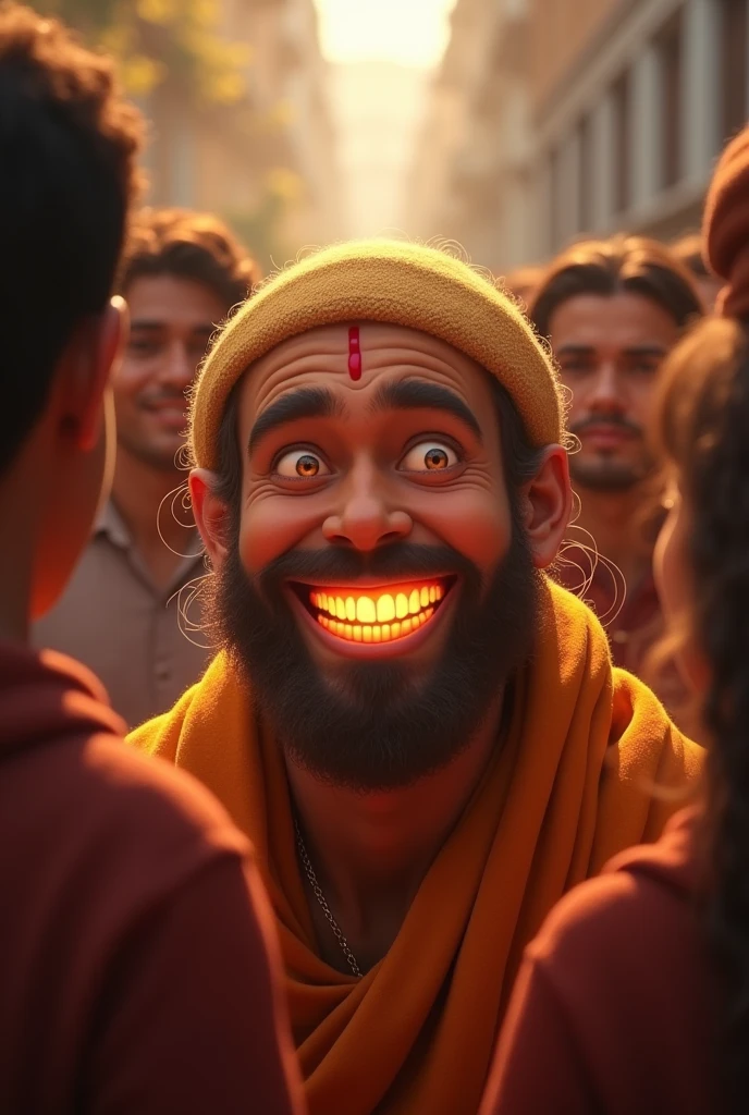 योगी का चेहरा हंसी से भरा हुआ, आस-पास लोग चकित।