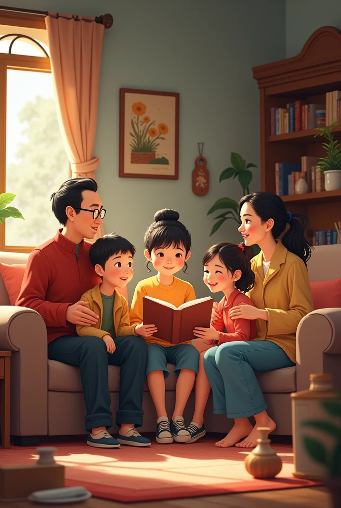 a 2 chinese woman and a 2 filipino man, telling stories of their past to their 3 kids