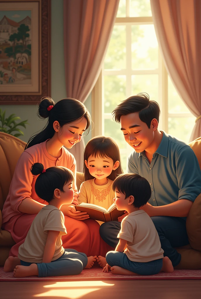 a 2 chinese woman and a 2 filipino man, telling stories of their past to their 3 kids