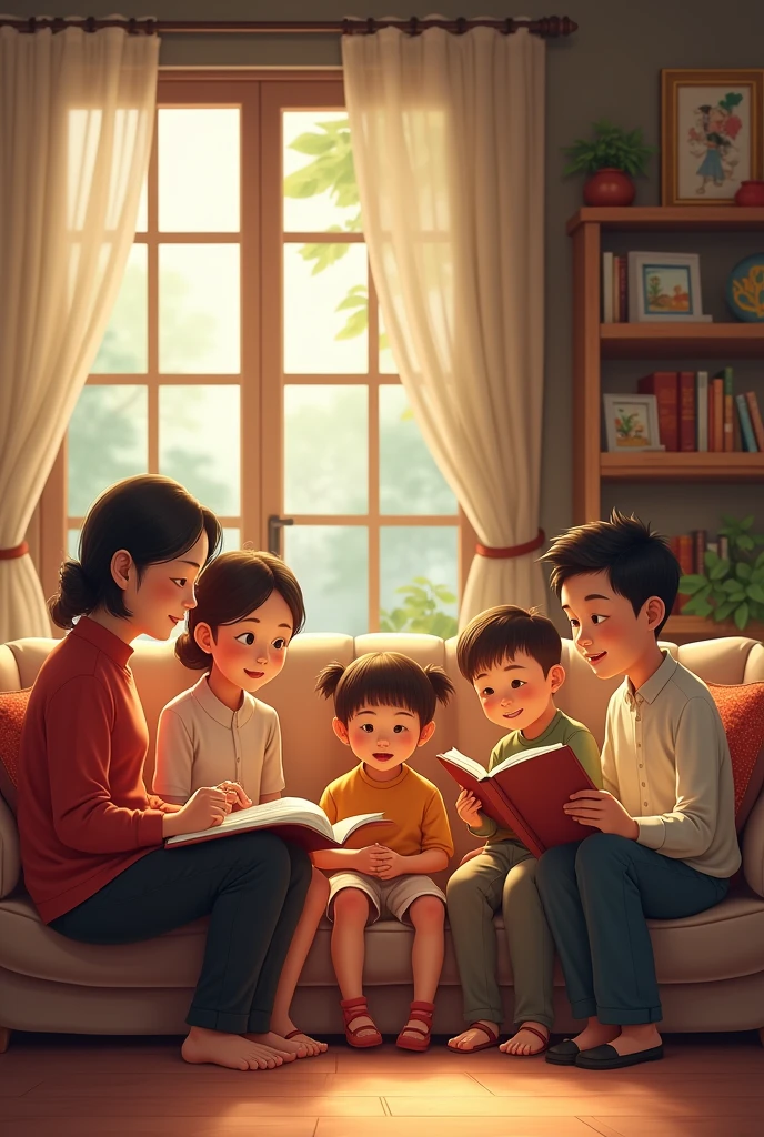 a 2 chinese woman and a 2 filipino man, telling stories of their past to their 3 kids