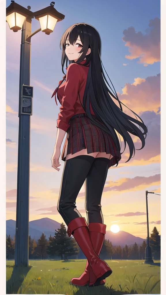Young woman, high, god, black hair, close eyes, smile, solo, One, costs, field, sunset, checkered shirt, Red shirt, pants, red knee-high boots, looking at the viewer, 8k, red boots, tapes, lamppost, super rear view, ultra quality, home, jewelry, leather boots, knee-high boots,