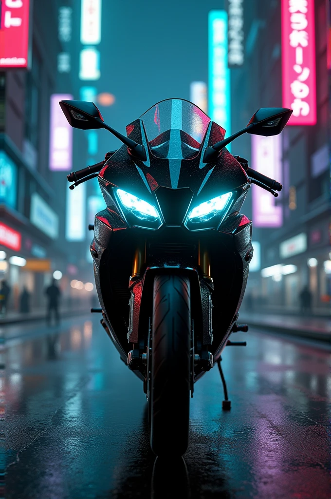 Kawasaki zx10r in neon head light in cyberpunk city in black colors