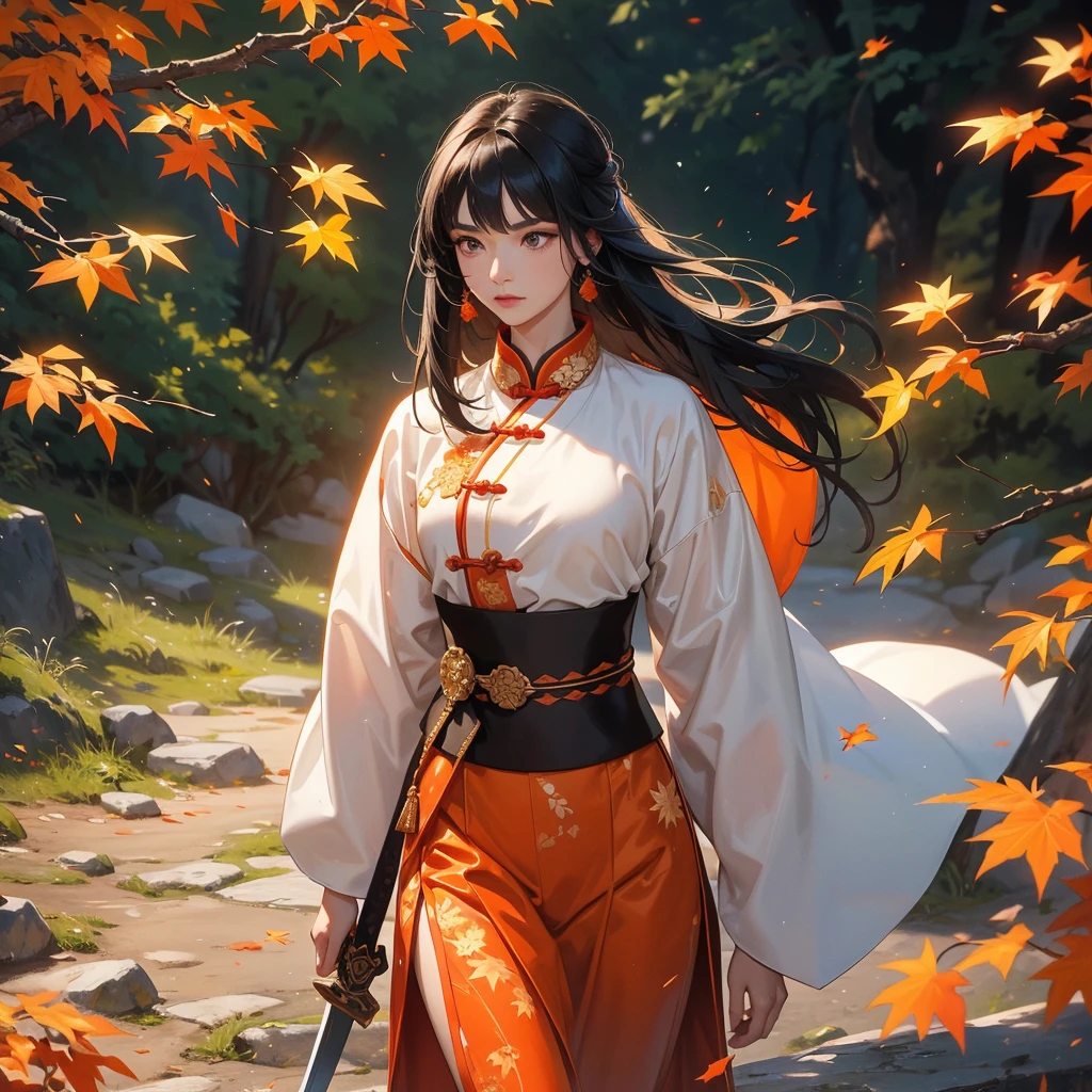 a beautiful woman black-haired male general holding a large sword in white ancient Chinese general costume, walking In the middle of a spring mountain ,the backdrop is a mountain that turns orange-red in spring, and maple leaves fall from the trees. close up.