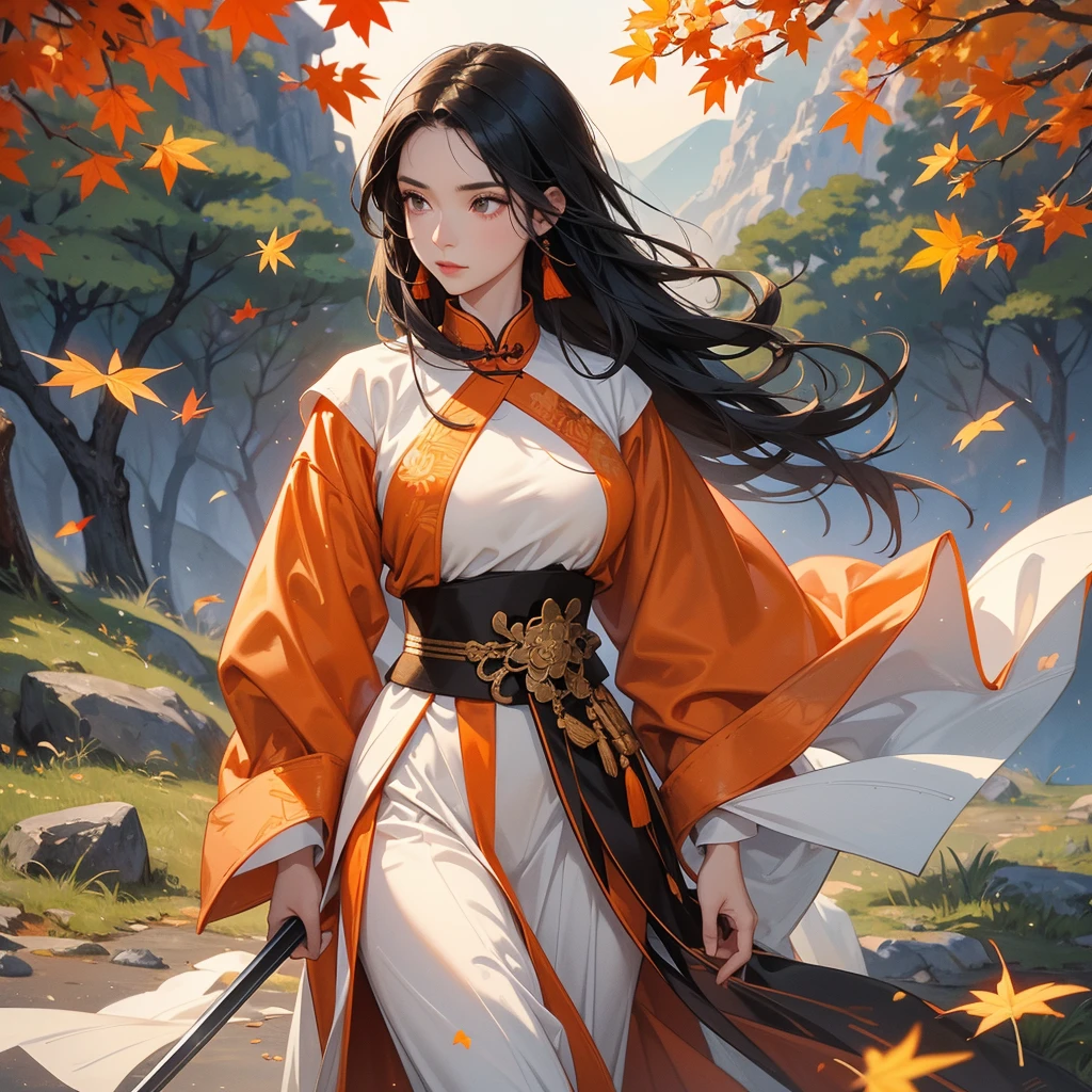 a beautiful woman black-haired male general holding a large sword in white ancient Chinese general costume, walking In the middle of a spring mountain ,the backdrop is a mountain that turns orange-red in spring, and maple leaves fall from the trees. close up.