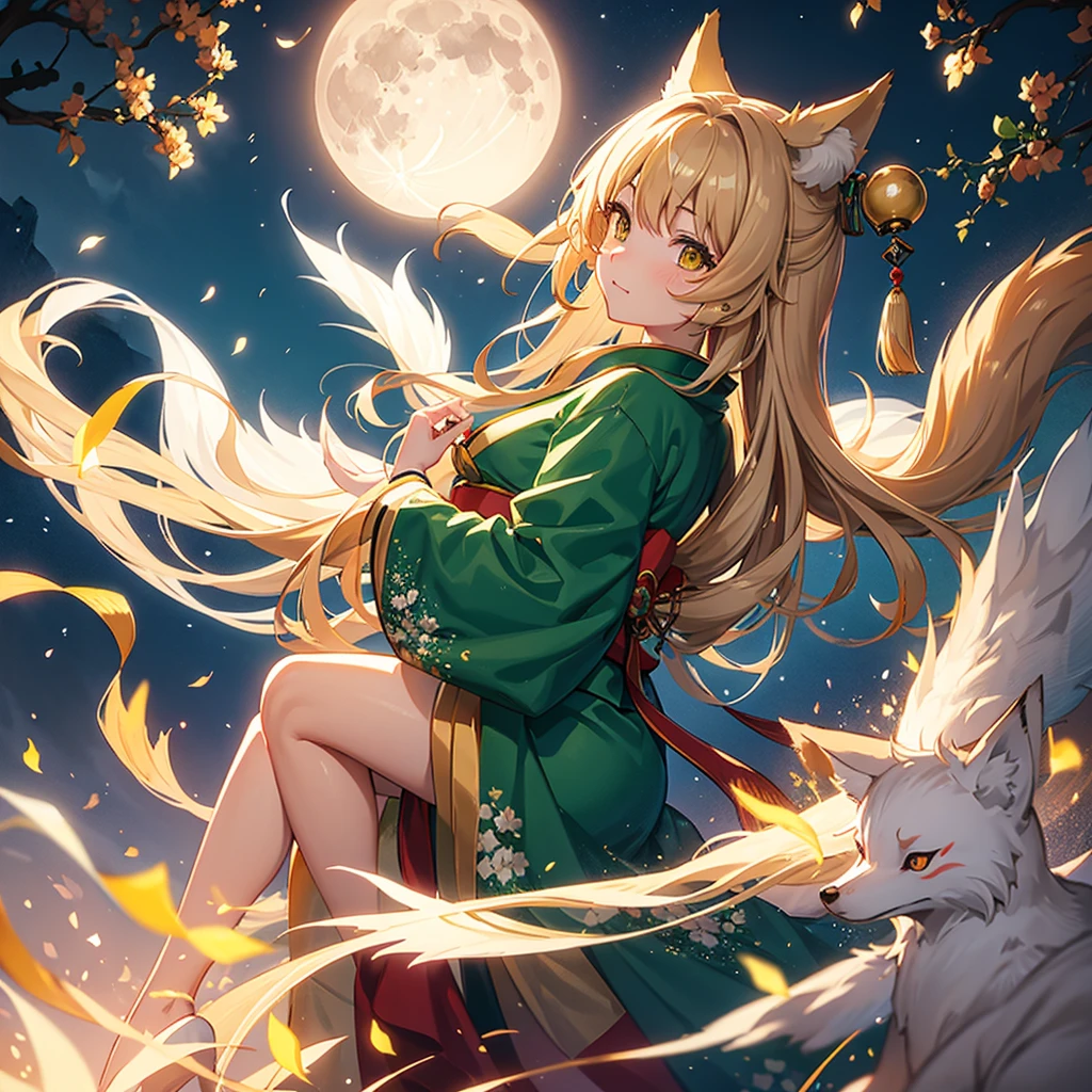 Kitsune girl with long brown hair, emerald eyes wearing light green kimono under the light of the full moon looking at viewer with blushing face and wearing fox ears,8k