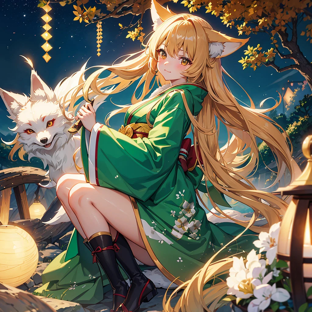 Kitsune girl with long brown hair, emerald eyes wearing light green kimono under the light of the full moon looking at viewer with blushing face and wearing fox ears,8k