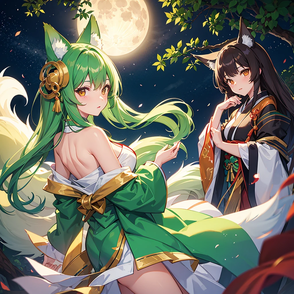 Kitsune girl with long brown hair, emerald eyes wearing light green kimono under the light of the full moon looking at viewer with blushing face and wearing fox ears,8k