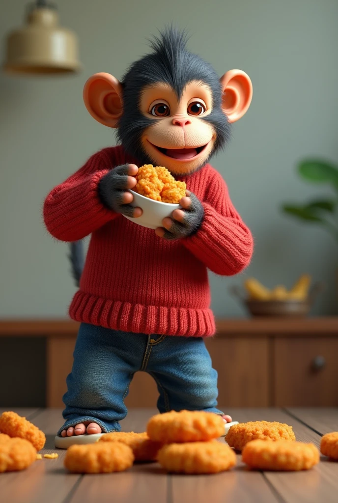 Monkey wearing a red long-sleeved sweater and jeans with fried chicken nuggets