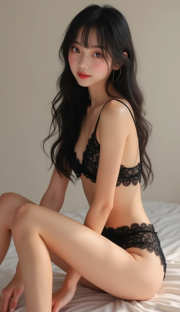 リアルなphotograph、Pay attention to the face of the cute idol high school girl、Black lace bikini、Beautiful way to sit , M-shaped feet, photograph,