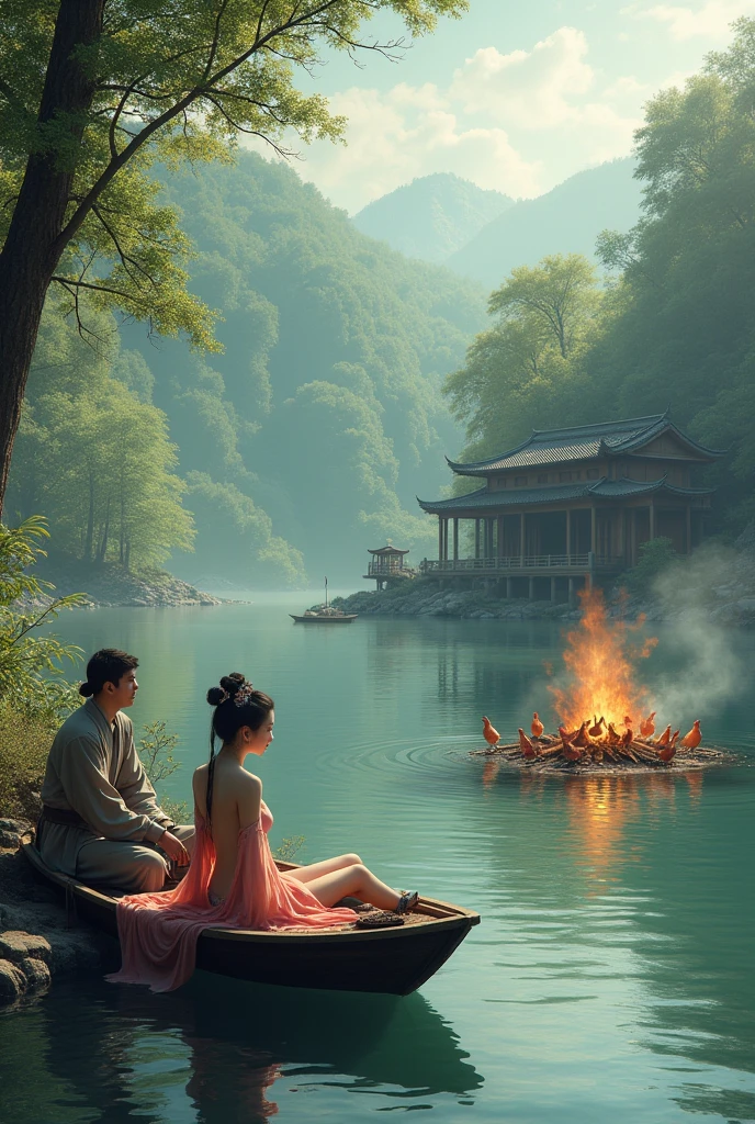 A naked Hanfu Chinese woman sits with her legs spread wide on a boat that is sailing into the harbor in front of a large wooden house in a wide forest area. A young man in a gray hunter's uniform is sitting by a bonfire roasting wild chickens. The atmosphere is a gentle breeze and sunlight shines through the wooden house.