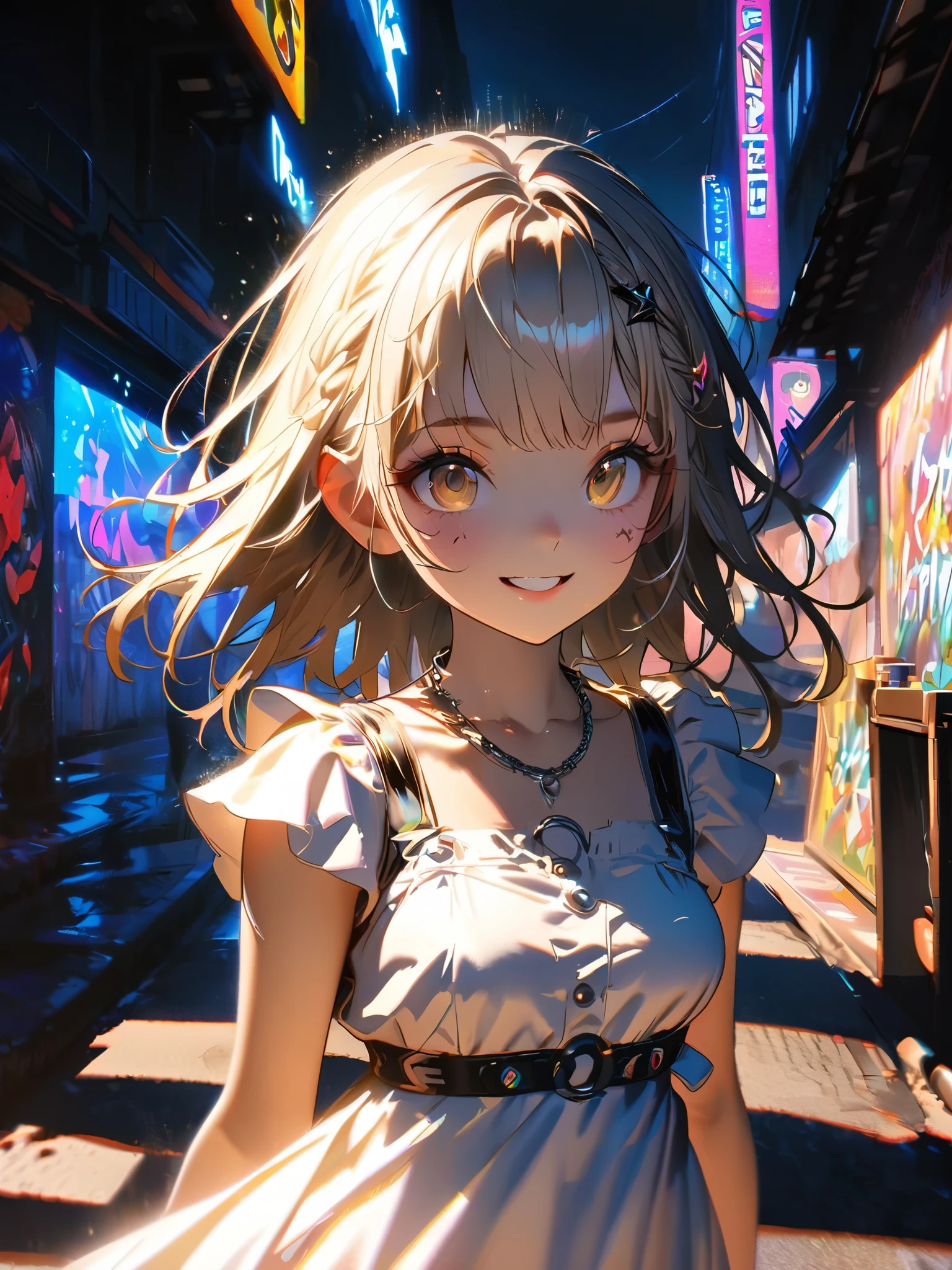1 person, chromatic aberration, Written boundary depth, Soft Light, masterpiece, Highest quality, complicated, Tone Mapping, A place where fireworks are set off at festivals. Concept Art, Smooth, Clear focus, Dramatic lighting, Very cinematic, super practical painting, アートステーション's trending, 8k, Incredible Shadows, practical,  whole body, View, Viewers, Portrait of a Girl 1, standing on street corner, Heavy rain and lightning、Dark Sky, neon and cyber punk background, she is dressed in punk clothing with silver chains and silver spikes, Her hair was dyed light brown.....................Ominous aura of light, smile, punk, ciber punk, Backlight.Fashionable clothes、Friendly dress code: wearing cute white dress.My breasts are a little big