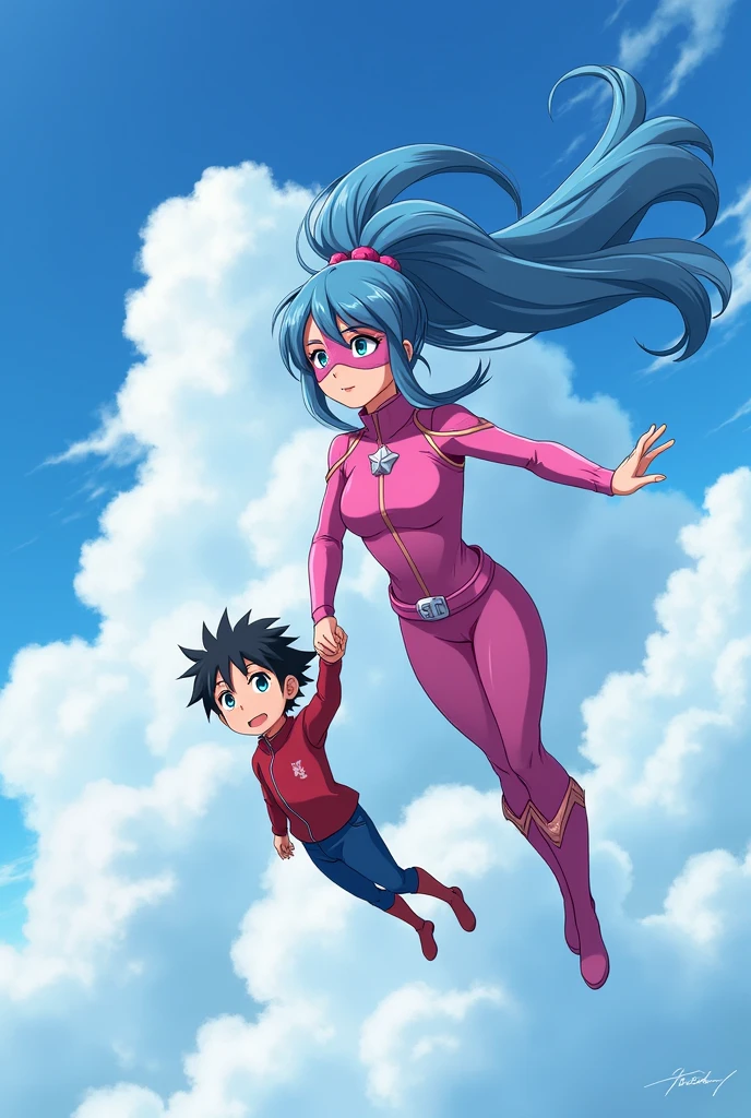 Anime girl with blue hair and eyes, long ponytail, , wearing a pink hero suit, flying in the air in the flying suit, wearing a mask over her eyes, holding the hand of a young man the same age, and flying