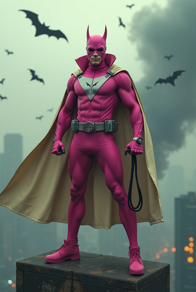 Malaysia man in high-tech suit, vivid effects, malaysian superhero (KELUANG MAN) in a striking pink and beige costume cyberpunk design, mask small mini bat ear beige, daredevil beige mask, jumpsuit dark pink stands confidently in a dramatic.jumping from high place.hero costume.one hand rise up. Big triangle logo on the chest((open cape, beige cape)).high detail Punisher logo on the chest. Fighting pose , stormy landscape. ((Head covered node guard like batman. Running pose , athletic body type, small mini ear bat mask))The character wears domino mask a helmet with pointed mini torn ears and a flowing cape biege, open nose and mouth. Equipped with visible futuristic weapons on a belt,bullet proof jacket pink dark day.show fingers pose, dark night, big supermoon effect . Small logo on chest triangle shape small punisher logo center(( skull triangle Casey Jones mask shape logo)) center on chest pink logo mini logo . rocky. Building top.smoke ground , hand fired with gun , bomb effect background, losse pants, losses costume.adding to --ar 3:4 --style raw --stylize 500 --v 6.1. chaos. Lot of small flying bat. One leg on the high stone. Man. Wear hologram watch.. Real man age 40 year old. One hand holding belt.one hand holding black rope hanging on building. Big pant pink. Beige cape joodie.(( Loose pant)) , jump on high building)marvel , X-Men((. Hand holding two gun.)