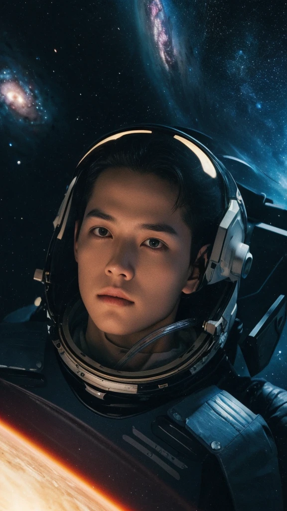 (best quality, masterpiece),Detailed,1boy,astronaut,complex portrait of a sci-fi Borg floating in outer space,nebula,galaxy,Looking forward,(cybernetic limb:0.7),