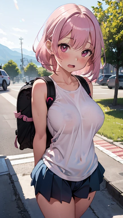 mastute piece,Best Quality,insanely detailed,8k cg,nsfw,
(shoot upper body:1.3),
(1girls:1.3),standing,looking at viewr,body in front,((both arms behind back:1.4)),(trekking wear:1.2,rucksack),(bare breasts),break,
blush,shy,(ecstasy face),(trembling:1.2),break,(light pink hair:1.4),
break,
perfect breasts,perfect teats,(open mouth:0.9),(large breasts:1.3),
(mountain:1.1)