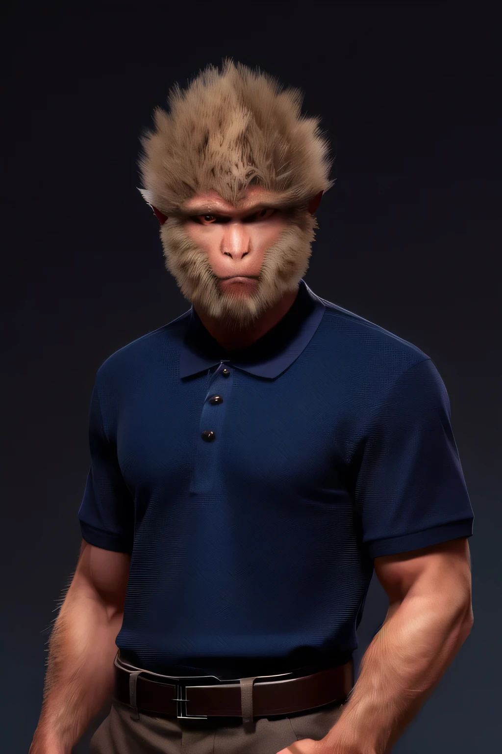 wukong \(black myth\), 1 boy, Solitary, Male focus, Delicate eyes, Hairy chest, (Blue Polo: 1.5),Short sleeve,White pants upper body, Photo Studio,black background,Rim Light,best quality, high details, uhd, masterpiece, high quality, highres