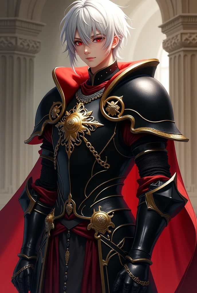 Fait moi un chevalier sans casque avec une armure noir, ornés de doré et possèdant un tissus rouges . Avec un emblème de 3 roses enchaînés dans le dos. Nous pouvons voir son visage, il a des traits fins, a 21ans, possède un regard perçant avec des yeux rouges, et de cheveux mi long blancs.
