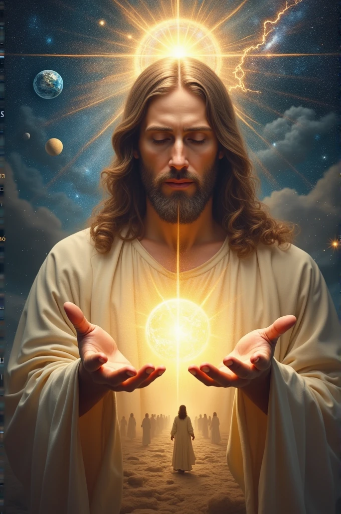 Face of Christ Jesus extends his hands to humanity with eyes of light and galaxies observing humanity humanity walking towards God in lines of time and space planet Earth rays thunder universe planets galaxies stars of light mandalas